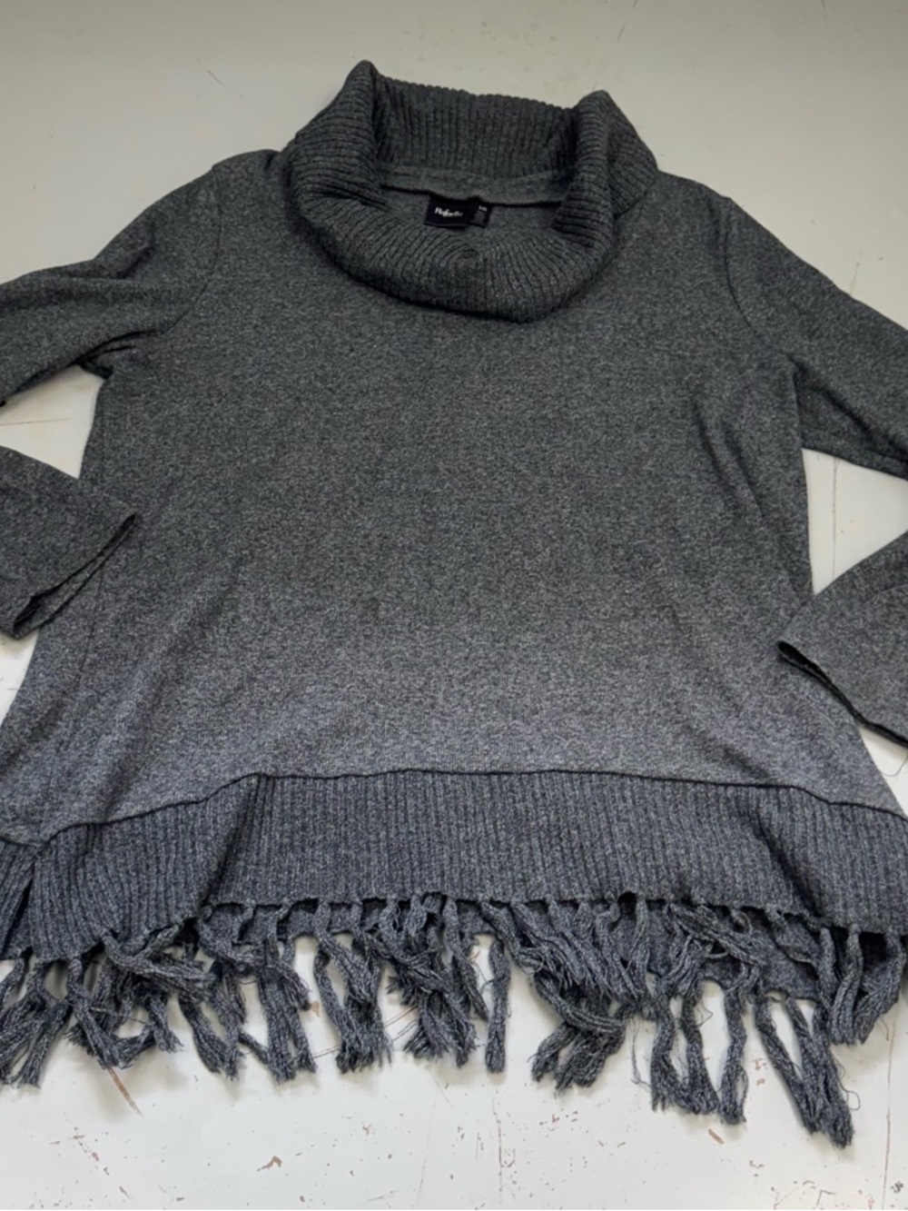 Rafaella Women’s Dark Gray Cowl Neck Fringe Hem Sweater size Large